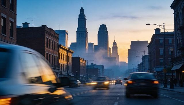 Misty downtown avenue at dusk with moving cars casting glowing headlight streaks