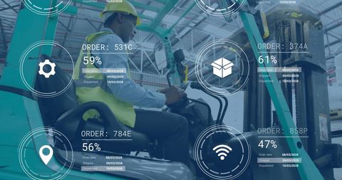 Warehouse worker operating forklift with digital logistics data overlay
