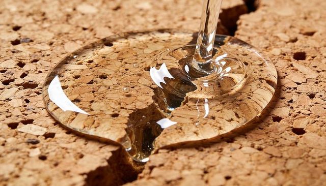 Crystal wine glass stem resting on cork mat with liquid puddle and vivid reflections