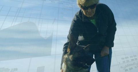 Woman Walking German Shepherd against Transparent Data Charts Background