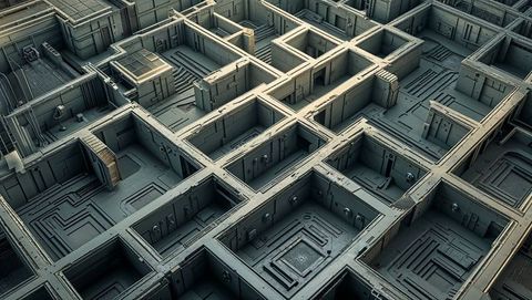 Futuristic industrial maze with metallic chambers and grid connections