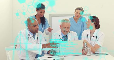 Medical team analyzing digital reports with futuristic technology