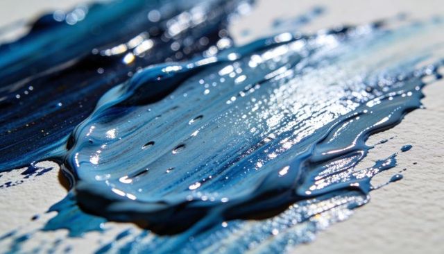 Smearing glossy blue paint on textured paper with navy and cyan brush stroke detail