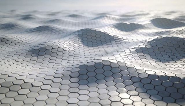 Rippling hexagonal tiles forming undulating wave pattern with glossy tessellated sheen