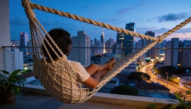 Relaxing in Macrame Hammock on High-Rise Balcony at Blue Hour Overlooking City Lights
