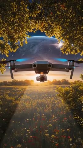 Drone Scanning Wildflower Meadow at Sunrise with Planet Rising Over Horizon – Vertical Video