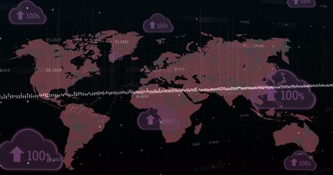 Data storage clouds over world map with rising percentages