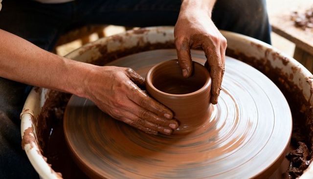 Close-up hands shaping clay on spinning potters wheel crafting earthenware mug