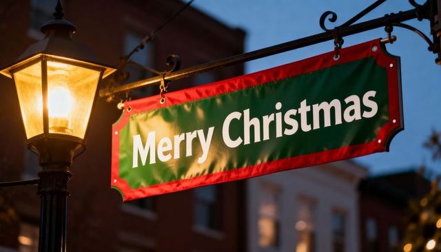 Warm-glow merry christmas banner hanging from lamp post on downtown main street at dusk