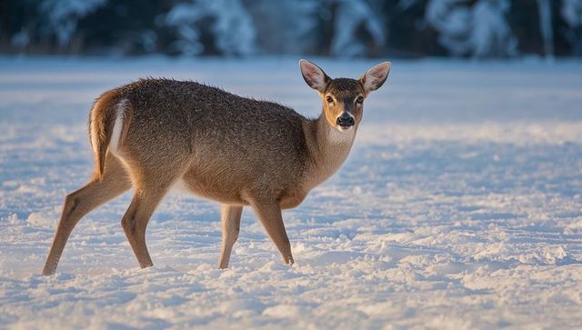 Doe standing in snow turning head toward camera golden hour winter landscape