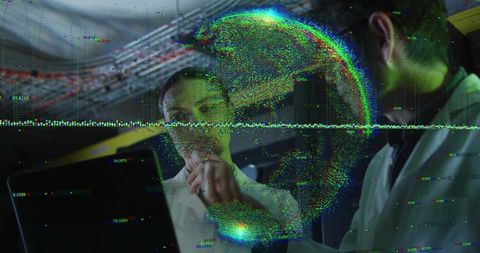 Researchers pointing, analyzing holographic globe with data visualization and laptop in dim lab