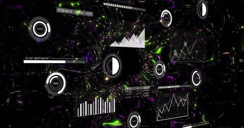 Holographic Neon HUD Vortex Displaying 3D Radial Gauges and Interactive Data Charts