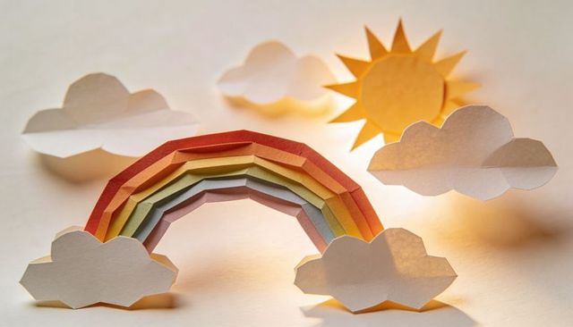Layered paper rainbow arch with sun and origami clouds on pastel textured tabletop