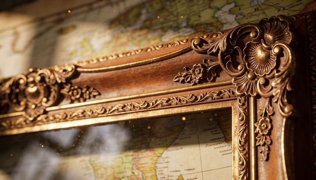 Gilded carved frame corner showing vintage map behind glass with ornate floral scrollwork