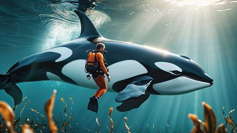 Diver gliding through ocean with majestic orca