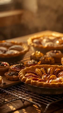 Vertical video panning over peach tart and apple pies on cooling rack in warm rustic kitchen light
