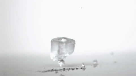 Ice Cube Shattering in Slow Motion Against White Background