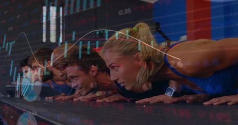 Team Push-up Challenge with Modern Chart Overlay in Gym