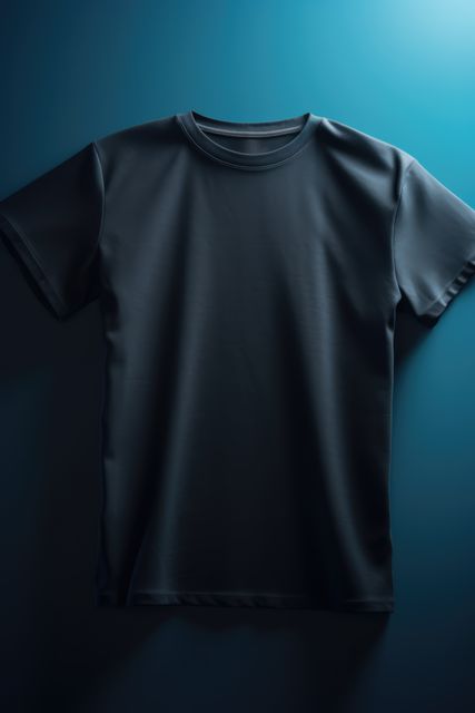 Plain black t-shirt neatly arranged on smooth blue background is suitable for fashion and apparel advertisements, design templates, clothing displays, and e-commerce websites.