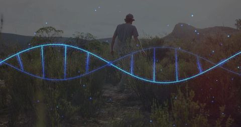 Exploring Wilderness with Futuristic DNA Helix Overlay