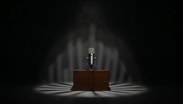 Broadcast microphone on wooden pedestal in dramatic spotlight with radial shadows