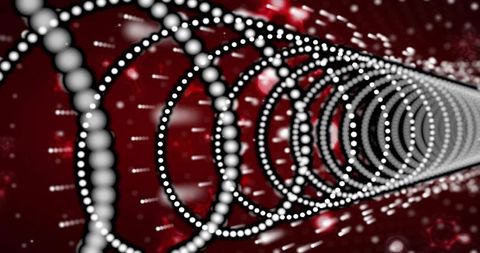 Spiraling helical nanotube tunnel featuring concentric white bead rings and red data