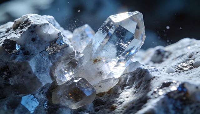 Gleaming clear quartz cluster on white-gray host rock capturing prism sparkle and texture