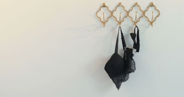 Black bra and bow hanging on gold hanger rack on the wall, copy space. Clothes, hanging and hanger rack concept, unaltered.