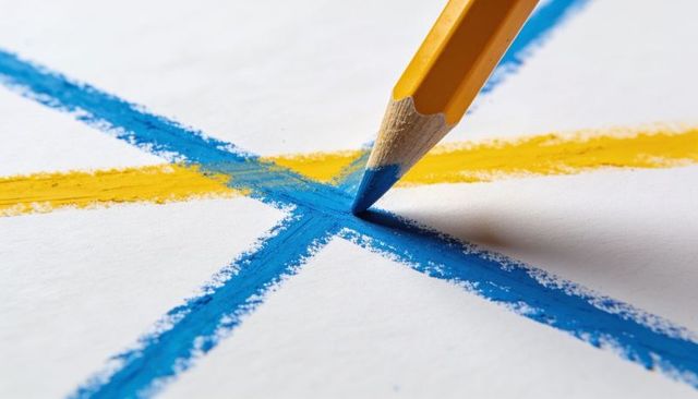 Yellow pencil drawing blue cross on textured paper macro vivid wax crayon detail