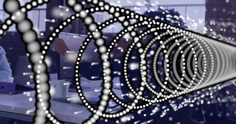 Concentric dotted data tunnel overlaying boardroom collaboration with laptops and binder