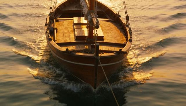 Varnished wooden sailboat bow gliding through golden sunset wake on calm water