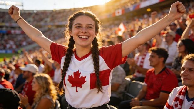 Cheering young woman at canada soccer match raising arms wearing maple leaf jersey