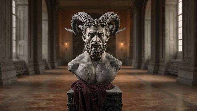 Neoclassical marble bust of horned figure in grandeur hall