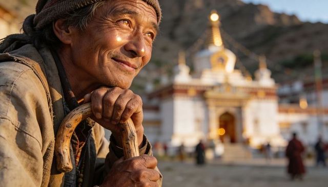 Elder pilgrim gazing at temple stupa at sunset holding wooden cane and prayer beads