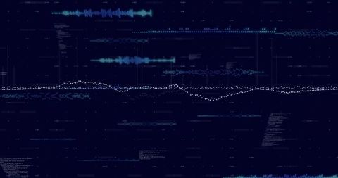 Central white dotted waveform on dark digital telemetry dashboard with teal signal waves
