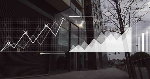 Displaying financial data overlay with line and area charts over urban glass facade