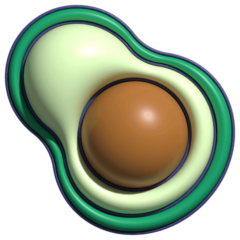 Transparent avocado 3d icon floating with glossy pit and layered rings top-down