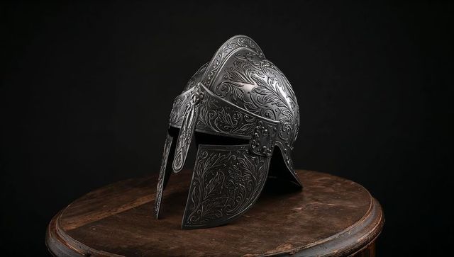Decorative Ornate Metal Helmet with Intricate Engravings