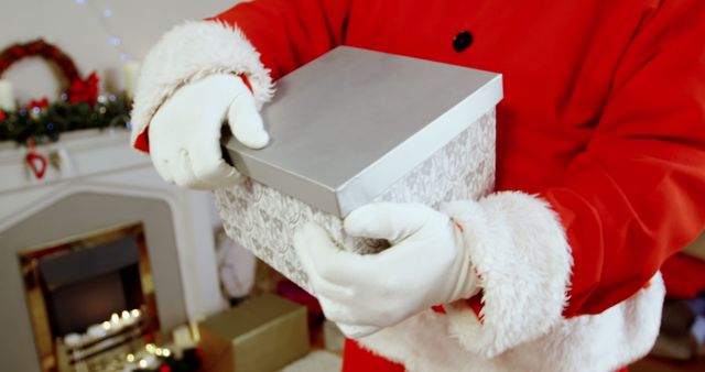 Santa Claus Holding a Christmas Gift in Festive Living Room - Download Free Stock Images Pikwizard.com