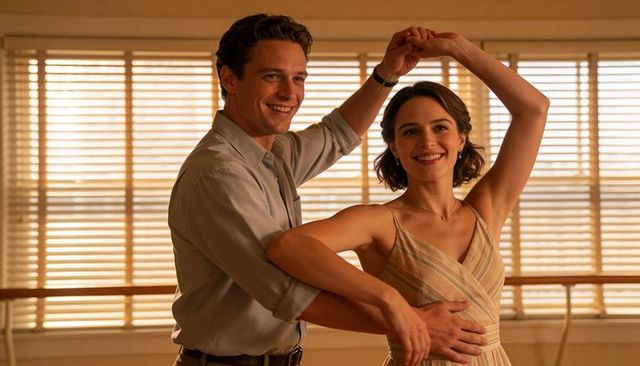 Couple dancing in sunlit studio practicing graceful ballroom turn by wooden barre