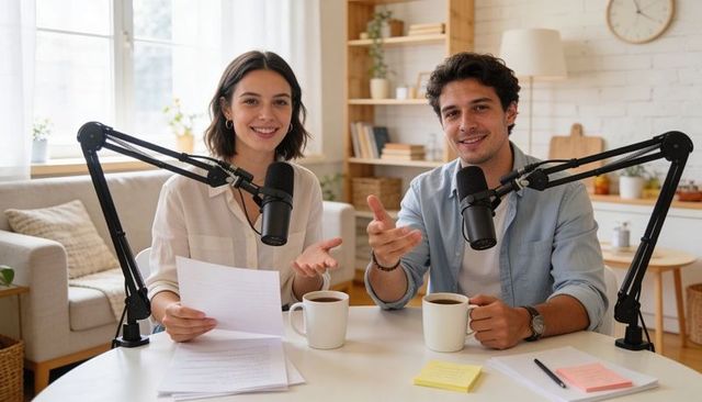 Smiling podcast cohosts recording conversational lifestyle show in cozy home studio