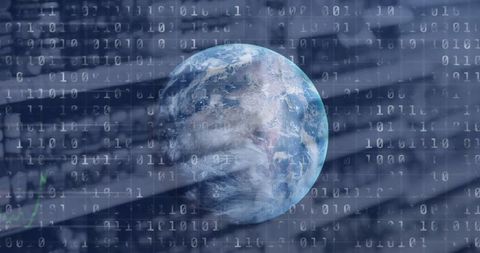 Digital Earth with Binary Code Overlay Representing Global Connectivity
