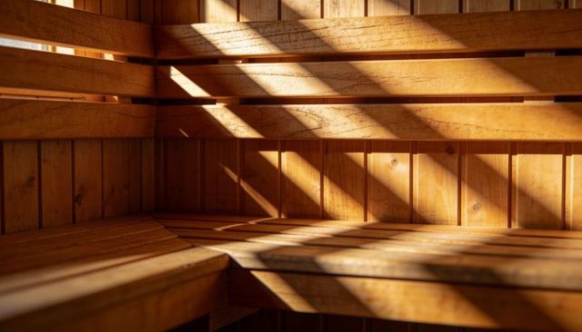 Sunlit wooden sauna interior with l-shaped tiered benches casting diagonal shadow bands