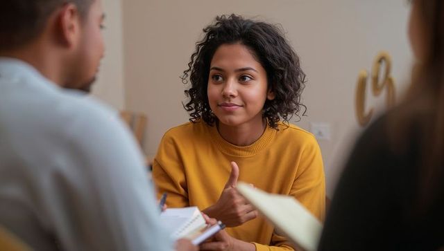 Curly-haired woman giving thumbs-up during team meeting in modern office workspace