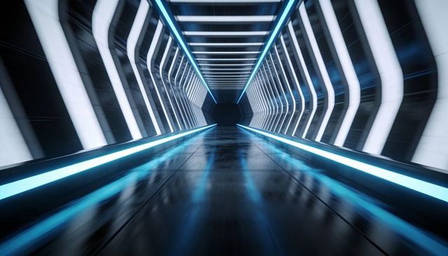 Futuristic Hexagonal Corridor with Neon Blue LED Lines and Glossy Reflective Floor