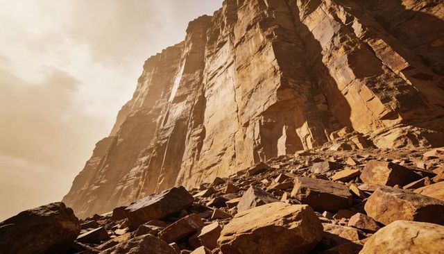 Towering sandstone cliff rising above rocky talus in sunlit desert canyon