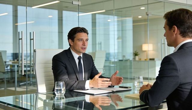 Executive gesturing during leadership discussion in modern glass conference room with notebook
