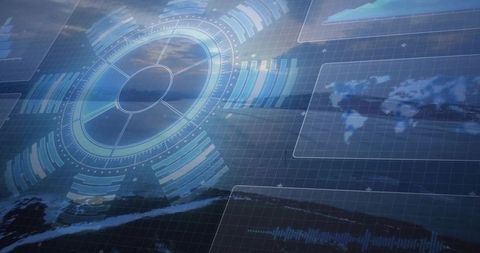 Futuristic HUD Overlay with Radar Concentric Rings over Coastal Horizon at Dusk