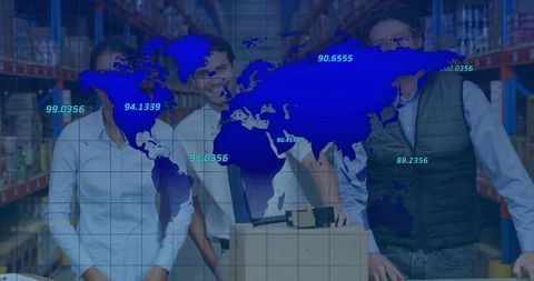 Supervising team using label printer in warehouse with world map overlay