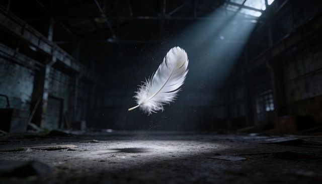 White feather floating in sunbeam inside abandoned industrial warehouse with dust motes